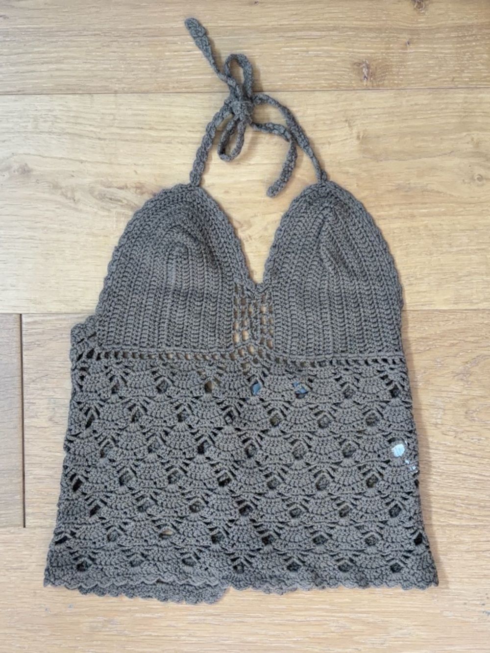 Boho Festival Crochet Halter Crop Top Fan Stitch Lace Up Back Tie Brown Small